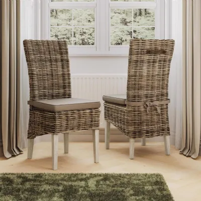 Maya Pair Of Handmade Kubu Rattan Grey Wash Dining Chair Light Legs