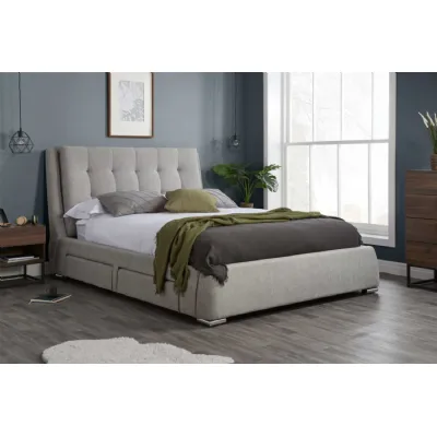 Grey Fabric 4 Drawer Super King Size Bed Buttoned Headboard