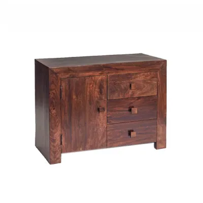 Dark Mango Wood 1 Door 3 Drawer Small Sideboard