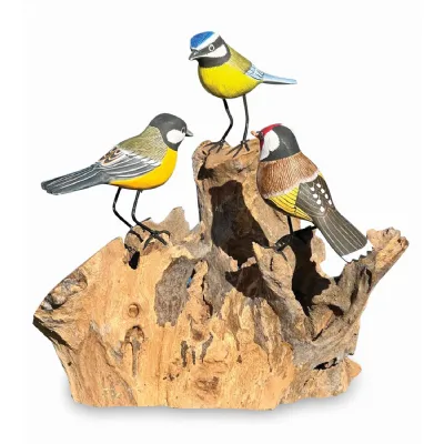 3 Hand Carved, Hand Painted Birds On Driftwood