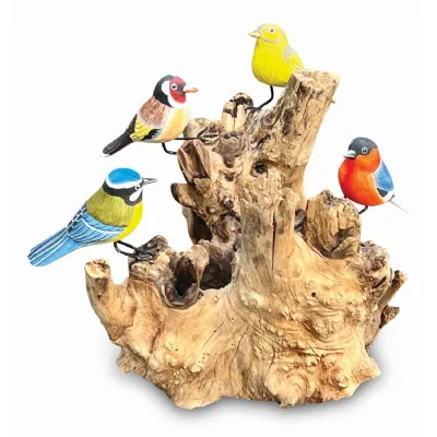 4 Hand Carved, Hand Painted Birds On Driftwood