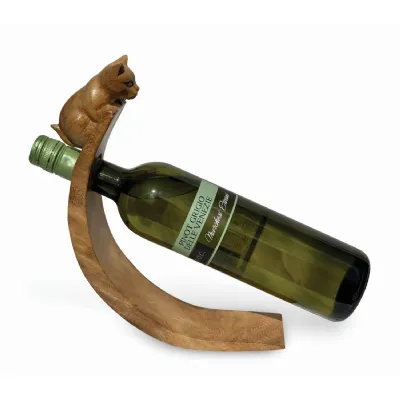 Cat Hand Carved Wooden Balance Wine Bottle Holder