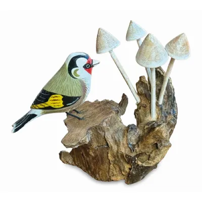 Goldfinch With Mushrooms Sculpture 18cm