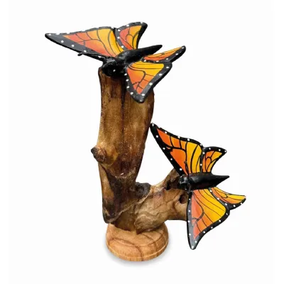 Double Monarch Butterfly On Driftwood H17cm