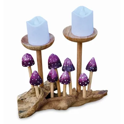 8 Violet Pointed Cap Mushrooms With Double Candle Holder