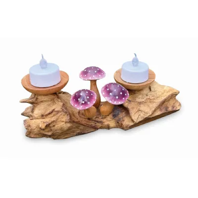 3 Violet Closed Cap Mushrooms With Double Candle Holder Low
