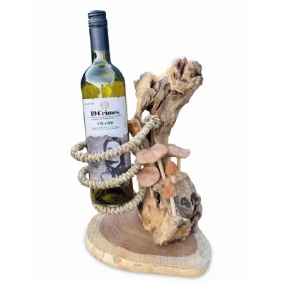 Driftwood Wine Bottle Holder With Mushroom Forest