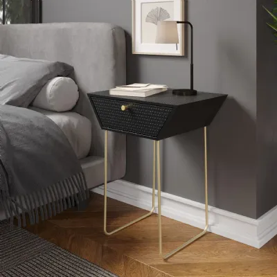 Black Metal 1 Drawer Bedside Cabinet Gold Stand