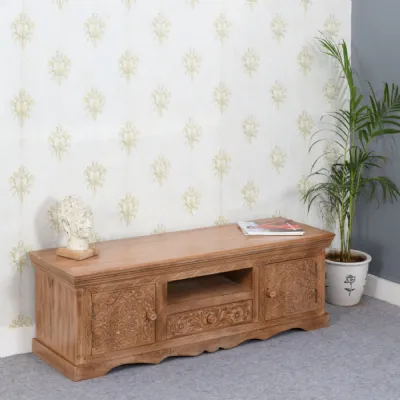 White Washed Wood Handcrafted 2 Door 1 Drawer Large TV Unit