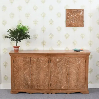 Natural Wood Handcrafted Artworked 4 Door Large Sideboard