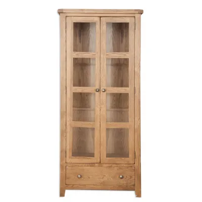 Rustic Oak Display Cabinet with Glass Doors and Storage Drawer