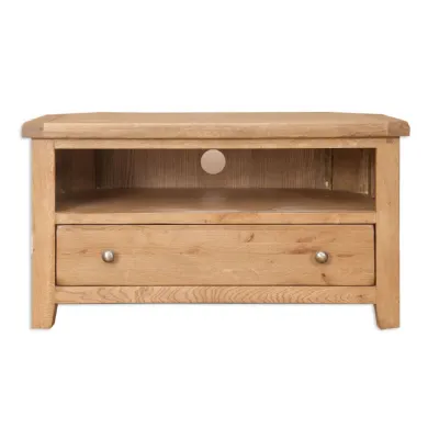 Rustic Oak Corner TV Cabinet with Drawer and Open Media Shelf