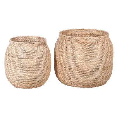 Set of 2 Large Woven Natural Rattan Baskets