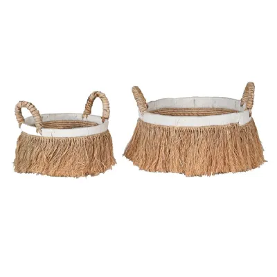 Set of 2 Round Natural Fringed Baskets