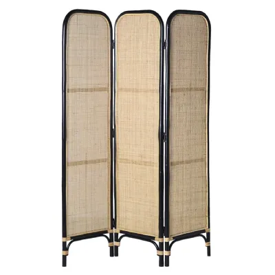 Black and Natural Rattan 3 Panel Screen