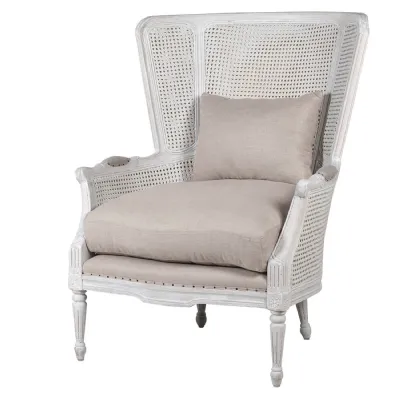 White Rattan Winged Chair with Cushions