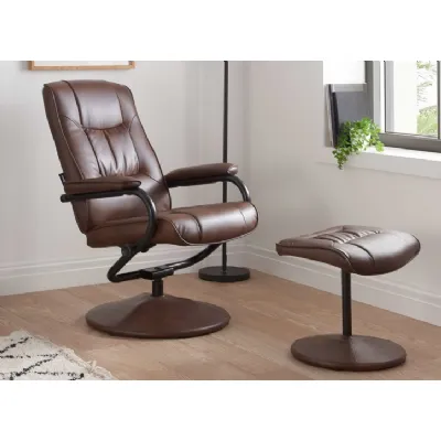 Tan Brown Faux Leather Swivel Chair and Footstool