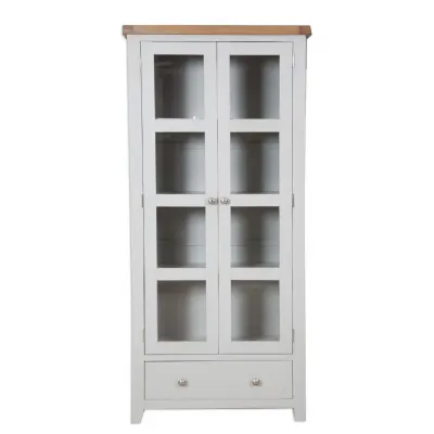 Modern Grey Painted Display Cabinet with Rustic Oak Top and Glazed Doors