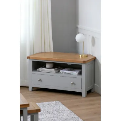Modern Grey Painted Oak Corner TV Cabinet with Drawer and Open Media Shelf