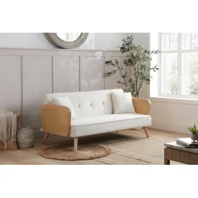 White Fabric Buttoned Back Sofa Bed with Natural Rattan Arms