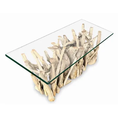 Clear Glass Top Rectangle Coffee Table Driftwood Base