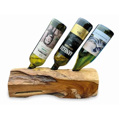 Teak Log Table Wine Holder 3 Bottles
