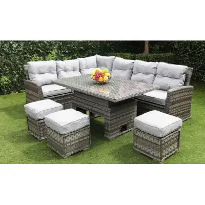 Luxury Grey Rattan Corner Sofa Dining Set with Rising Coffee Table