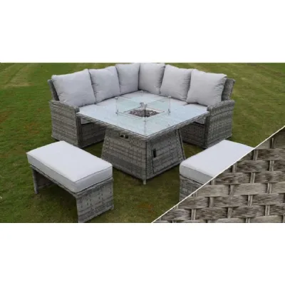 Grey Rattan Square Garden Corner Fire Pit Dining Set