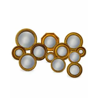 Set of 12 Gold Framed Convex Wall Mirrors