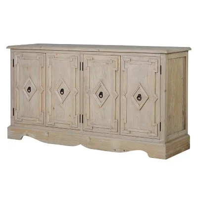 Geo Patterned Traditional Style 4 Door Sideboard Storage Cabinet