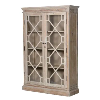 Modern Natural Distressed Wood Tall Large 2 Door Glazed Bookcase