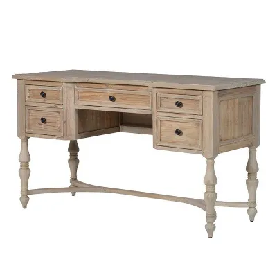 Natural Wood 5 Drawer Rustic Desk With Turned Legs and Cross Support