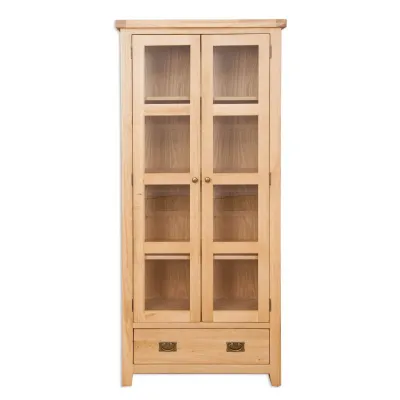 Traditional Natural Oak Display Cabinet with Glass Doors and Storage Drawer