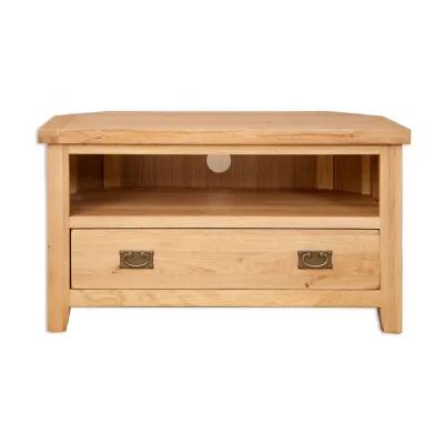 Modern Natural Oak Corner TV Cabinet with Drawer and Open Media Shelf
