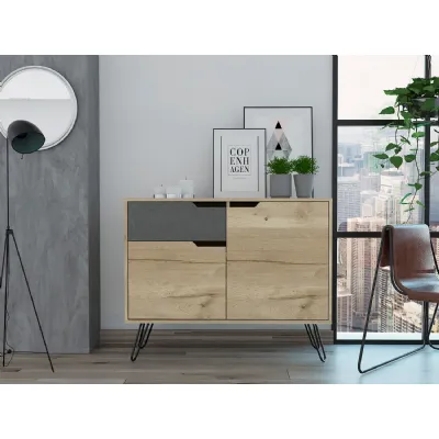 Manhattan Small 2 Doors 1 Drawer Bleached Pine Effect Sideboard On Retro Hairpin Legs