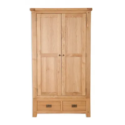 Traditional Natural Oak 2 Door Double Wardrobe with 2 Drawers