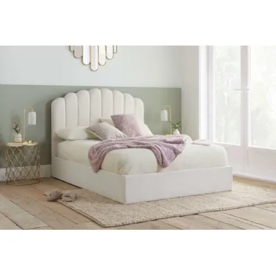 White Fabric Double Ottoman Bed Scalloped Headboard