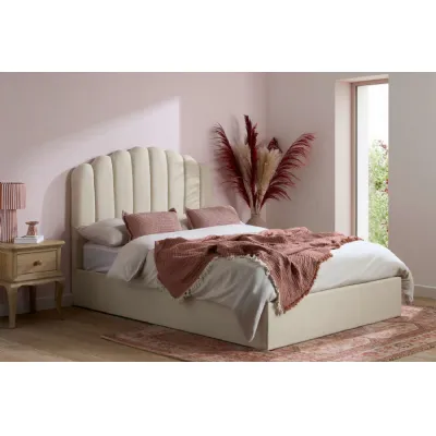 Beige Fabric King Size Ottoman Bed Scalloped Headboard