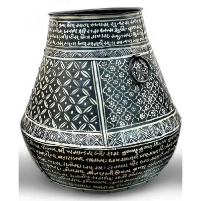 Black Iron Pot Bahi Painted 50 x 50 x 61cm