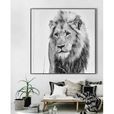 Glass Lion Wildlife Design Monochrome Wall Art Black Framed