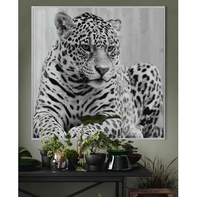 Cheetah Monochrome Large Glass Wall Art Silver Framed