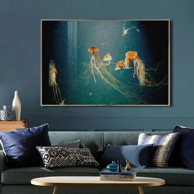 Jellyfish Glass Rectangular Large Wall Art Gold Frame