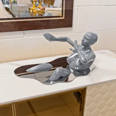 Grey Bathing Lady Sculpture Mirrored Silver Base