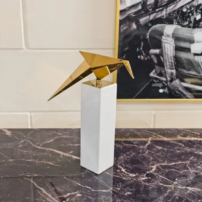 Gold Long Tailed Tit Tall Sculpture Marble Plinth Base