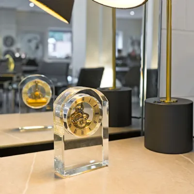Crystal Glass Oval Mantle Desk Clock Gold Analog Detail