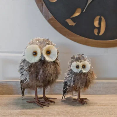 Brown Feather Small Owl Sculpture Glitter Detail