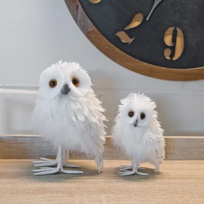 White Feather Small Owl Sculpture Silver Glitter