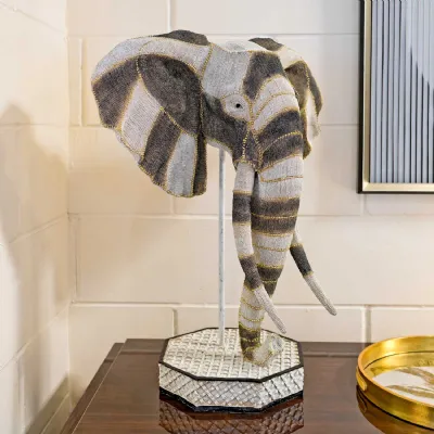 Linen Effect Large Elephant Bust Statue Beaded Gold Finish