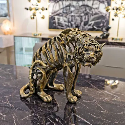 Distressed Gold Hollow Striped Designed Tiger Statue