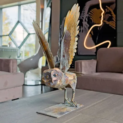 Rustic Gold Metal Flying Owl Sculpture Rectangular Base